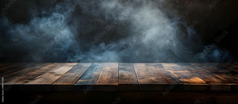 Poster a dark background enhances the visual appeal of an empty wooden table with smoke rising creating an 