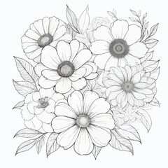 Black and white illustration of a bouquet of flowers.