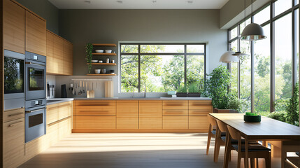 Fototapeta premium A modern kitchen with eco-friendly bamboo cabinets, energy-efficient appliances, and large windows allowing in natural light