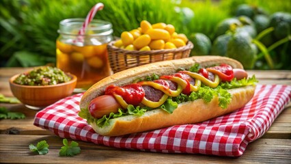 A juicy hot dog with relish, mustard, and ketchup on a toasted bun, placed on a picnic blanket