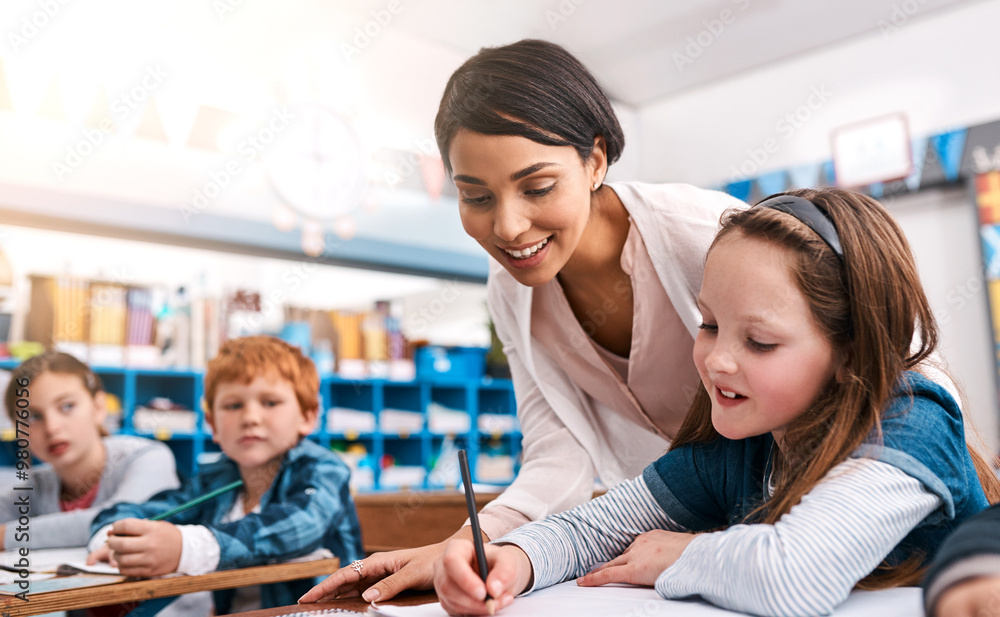 Poster school, writing and teacher with student in classroom for learning, help and knowledge. happy, educa