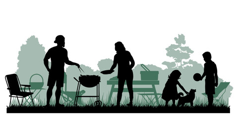 Family silhouettes. Father, mother and children had a picnic in nature. Vector illustration	
