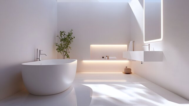A minimalist bathroom featuring motion-sensor smart lighting and touchless faucet