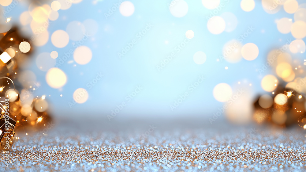 Poster A shimmering background filled with golden particles and soft bokeh lights creates festive atmosphere perfect for holiday celebrations. sparkling effect adds touch of magic to any occasion