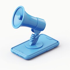 A blue megaphone attached to a smartphone stands out against a plain background, symbolizing communication in the digital age