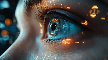 Close-up of a human eye with a glowing cybernetic interface, showcasing intricate digital patterns and circuits.