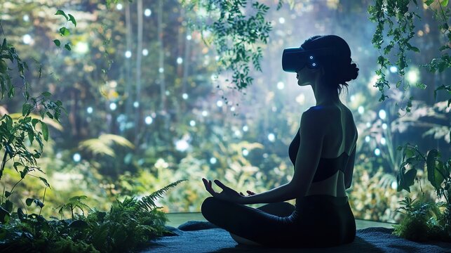 Woman meditating with VR headset in a virtual forest.