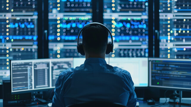 A focused IT professional in server room, surrounded by multiple screens displaying data and analytics, is immersed in their work.