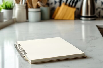 A blank spiral notebook resting on a marble kitchen countertop, surrounded by various kitchen tools and a knife block, adding a touch of simplicity and functionality to the modern kitchen setting