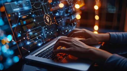 A focused IT professional types on laptop, surrounded by digital data and glowing lights, showcasing modern tech environment.