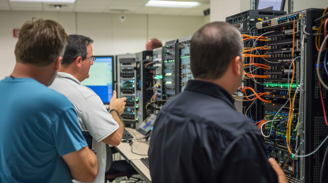 Hands on training session in classroom environment with individuals working on server equipment, showcasing teamwork and technical skills.