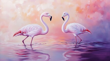 Romantic Flamingos at Sunset in Beautiful Pastel Colors