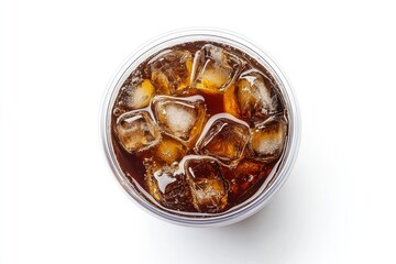 Takeaway plastic cup with iced cold coffee drink isolated on white background, Top view , ai