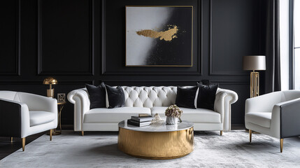 A modern monochrome living room with black walls, white furniture, and metallic gold accents. A bold, editorial-style interior that exudes glamour and chic sophistication
