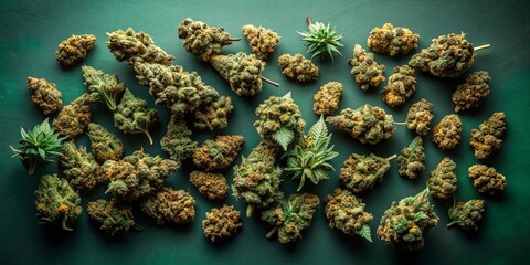 Overhead flat lay of dried cannabis marijuana buds on a matte dark green background, generative ai