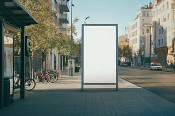 Empty Outdoor Billboard on a City Street with Bicycles and Buildings in the Background - Created with AI
