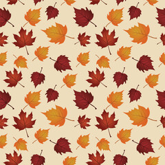 Autumn leaves pattern. Seamless pattern with gradient autumn leaves. Brown and yellow leaves on a light background. Repeating autumn pattern