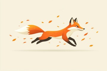 Whimsical illustration of a running fox in autumn leaves