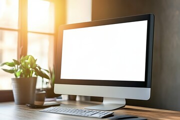 Fototapeta premium A desktop setup with a computer monitor displaying a blank white screen, accompanied by a keyboard and a plant, illuminated by warm natural sunlight from a nearby window