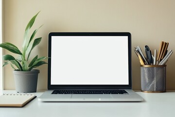Fototapeta premium A laptop with a blank white screen on a minimalist desk, accompanied by a small potted plant, a notebook, and a pen holder, creating a clean and organized workspace atmosphere