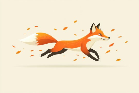 Whimsical illustration of a running fox in autumn leaves