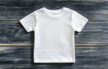 White t-shirt mockup on a dark wood background, flat lay. Flat lay of a white blank shirt for a kids' design template, a fashion cloth concept. Created with Ai