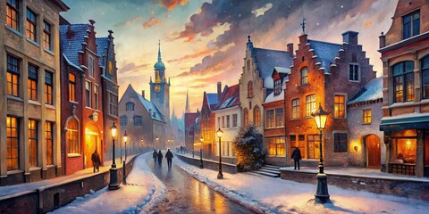 Naklejka premium Watercolor painting of a winter street in the old town of Bruges, Belgium, town in the evening, impressionism oil painting, AI Generated