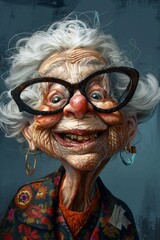 An elderly woman with unique features wearing oversized glasses and a floral shawl smiles warmly at the viewer in a colorful setting