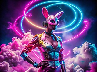 Vibrant pink attire and bunny ears adorn a futuristic mannequin, surrounded by swirling clouds and neon lights, exuding playful imagination and creative energy.