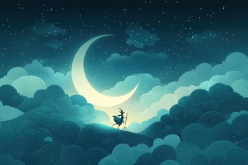 Whimsical illustration of person swinging on crescent moon above clouds under starry night sky