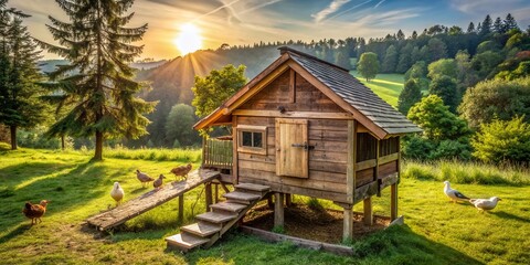 Rustic wooden chicken coop with pitched roof, nesting boxes, and slanted siding, surrounded by lush greenery and a sunny rural landscape.