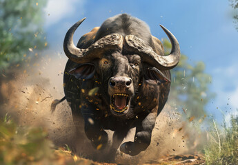 Naklejka premium Angry Charging Water Buffalo Kicking Up Dust in a Forest Environment