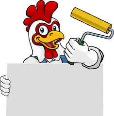 A chicken or rooster painter decorator handyman cartoon construction man mascot character holding a paint roller tool