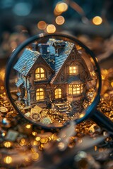 A detailed miniature house surrounded by sparkling coins and lights captured through a magnifying glass in a cozy setting