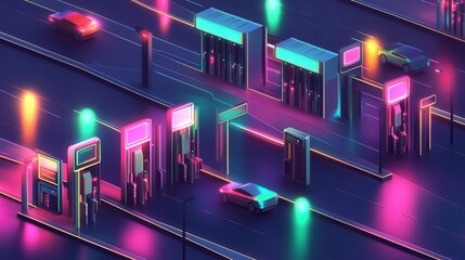 Futuristic Neon City with Vibrant Lighting and Retro Gas Stations