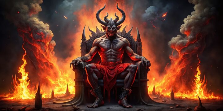 A malevolent crimson demon with horns and a pointed tail sits on a throne, surrounded by flames, darkness,