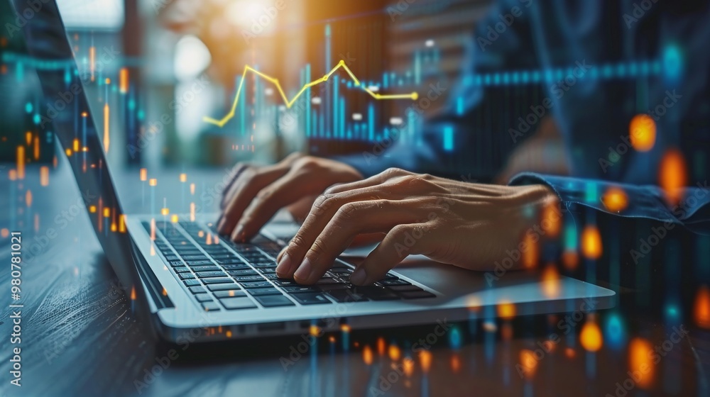 Aufkleber hands of a businessman on a laptop keyboard with digital financial data and upward trend graphs over