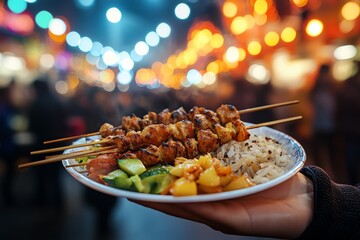 Delicious grilled meat skewers served on a plate with rice and vegetables, perfect for street food lovers and culinary enthusiasts.