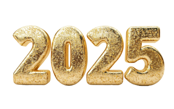 Golden 3d numbers 2025 isolated on white or transparent background