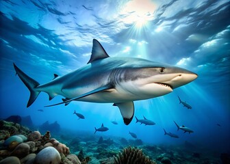 Obraz premium A menacing grey reef shark swims through the blue ocean waters, its powerful tail and sharp teeth evident
