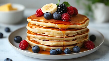 Delicious stack of pancakes topped with fresh fruits and syrup, perfect for breakfast or brunch moments.