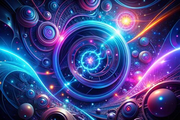 Obraz premium A mesmerizing futuristic digital artwork features vibrant, swirling blue and purple neon lights, abstract shapes, and