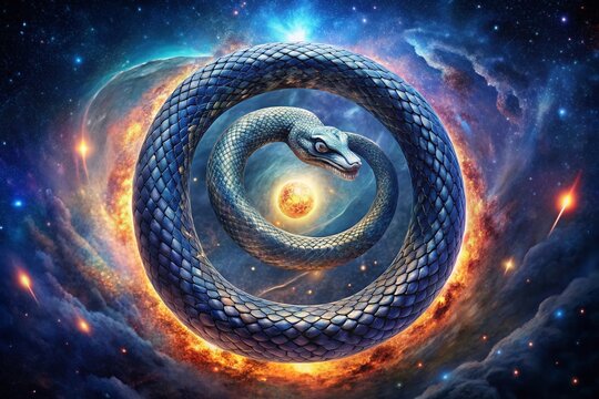 A mesmerizing illustration of a serpent consuming its own tail, forming a circular unity of birth, death, and