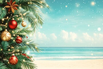 A festive scene featuring a Christmas tree by the beach with ocean waves and blue sky, perfect for holiday celebrations.