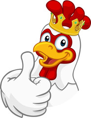 A chicken rooster cockerel bird cartoon character in a kings gold crown giving a thumbs up