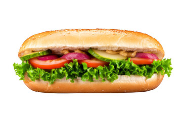 Juicy vegan sandwich with greens, tomatoes, cucumbers and onions on a transparent background