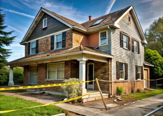 A mid-20th century suburban home undergoes renovation, with a distressed exterior giving way to a surprising interior