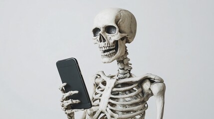 a skeleton holding a smartphone