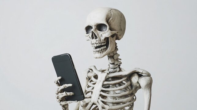a skeleton holding a smartphone