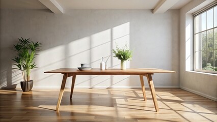 Fototapeta premium A minimalist, rustic wooden table stands alone in a bright, airy room with subtle shadows, creating a sense